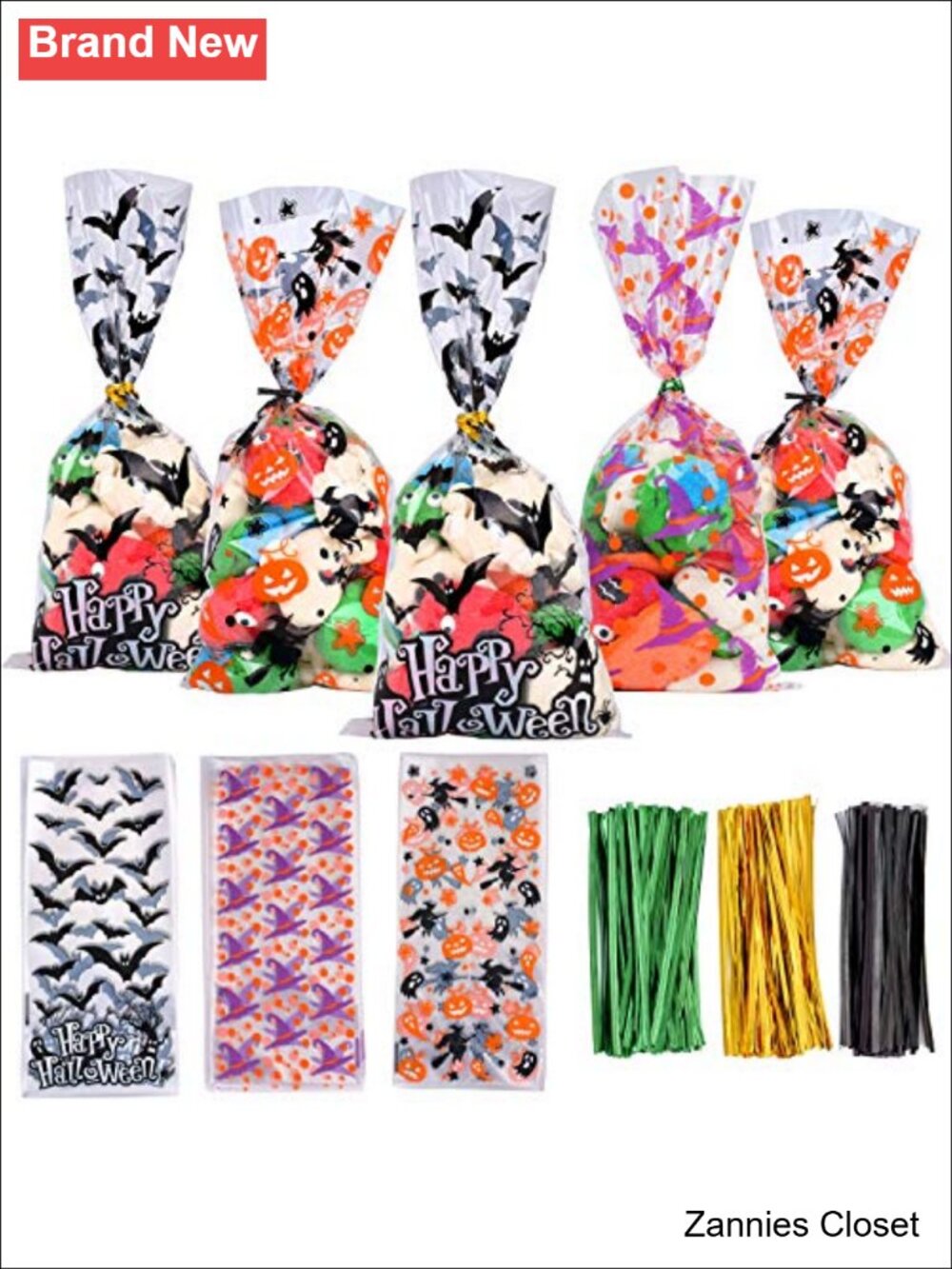 👻 150 Pcs Halloween Cellophane Treat Bags Plastic Bats Pumpkin Witch Goody
